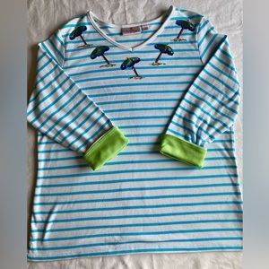 Quacker Factory L White & Aqua Stripe V-Neck 3/4-Sleeve Tunic w/Sequin Umbrellas